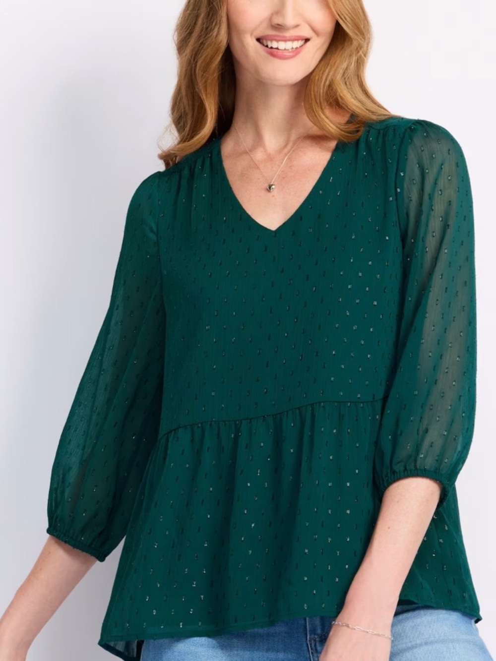 Teal V-Neck Peplum Blouse with Subtle Dot Texture